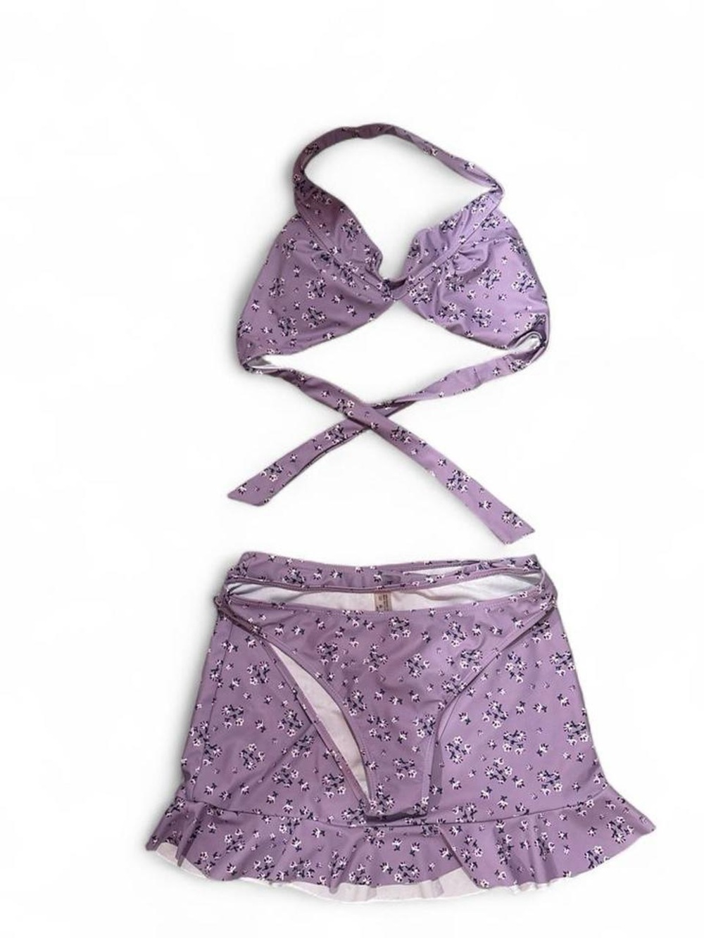 Lilac Floral Two-Piece Bikini Set with Skirt